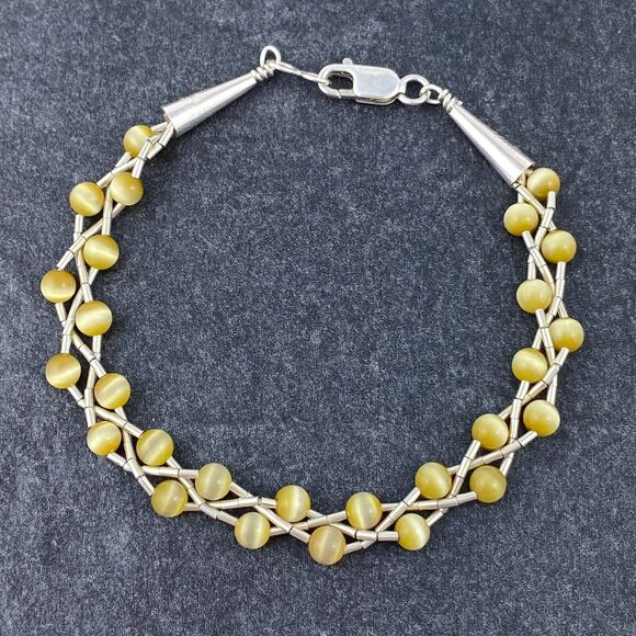 Sterling Liquid Silver 925 Cone Tip Braided Gold Synthetic Cat's Eye Bracelet 7" - Picture 3 of 5